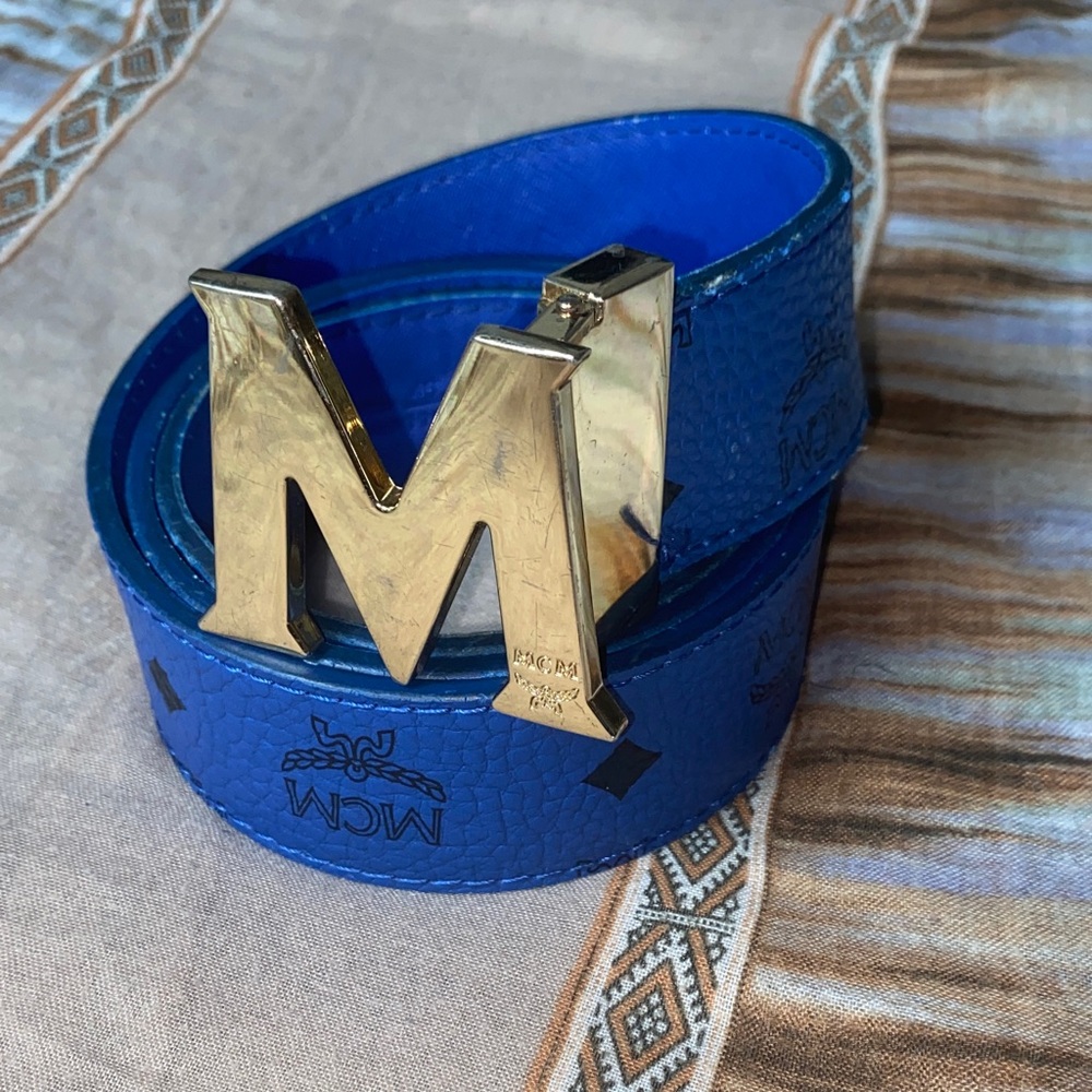 Pre-Loved MCM Royal Blue Belt with Gold 'M' Buckle